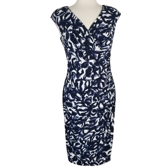 NWT Lauren Ralph Lauren Navy Print Stretch Sheath Dress Side Ruched Cap Sleeve 8 - Picture 1 of 15